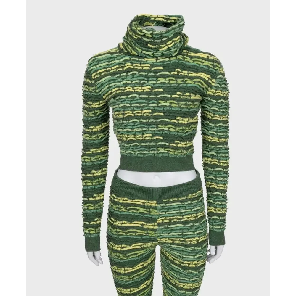 Chanel Green Cashmere Cowl Top Pant Suit Set  EU36/S